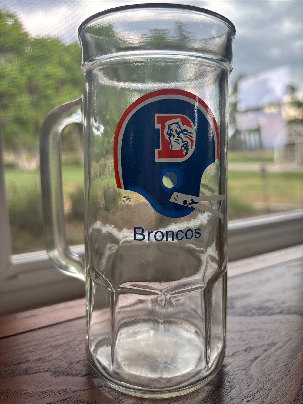 Vintage Denver Broncos Glass Beer Mug - Clear Glass with Blue & Orange Helmet